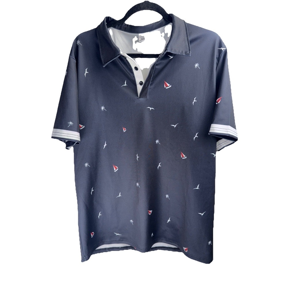 Men's short sleeved polo shirt summer fashion printed sports T-shirt, navy blue - Picture 3 of 8